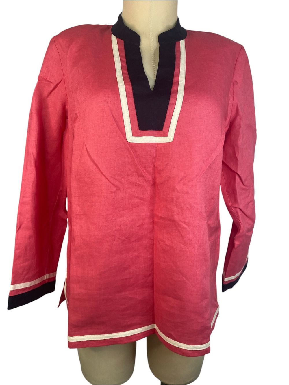 Talbots Pink 100% Linen Long-Sleeve Tunic with Black White Trim Women’s MP
